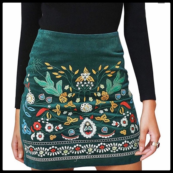 Dresses & Skirts - Embroidered Corduroy High-Waist Mini Pencil Skirt